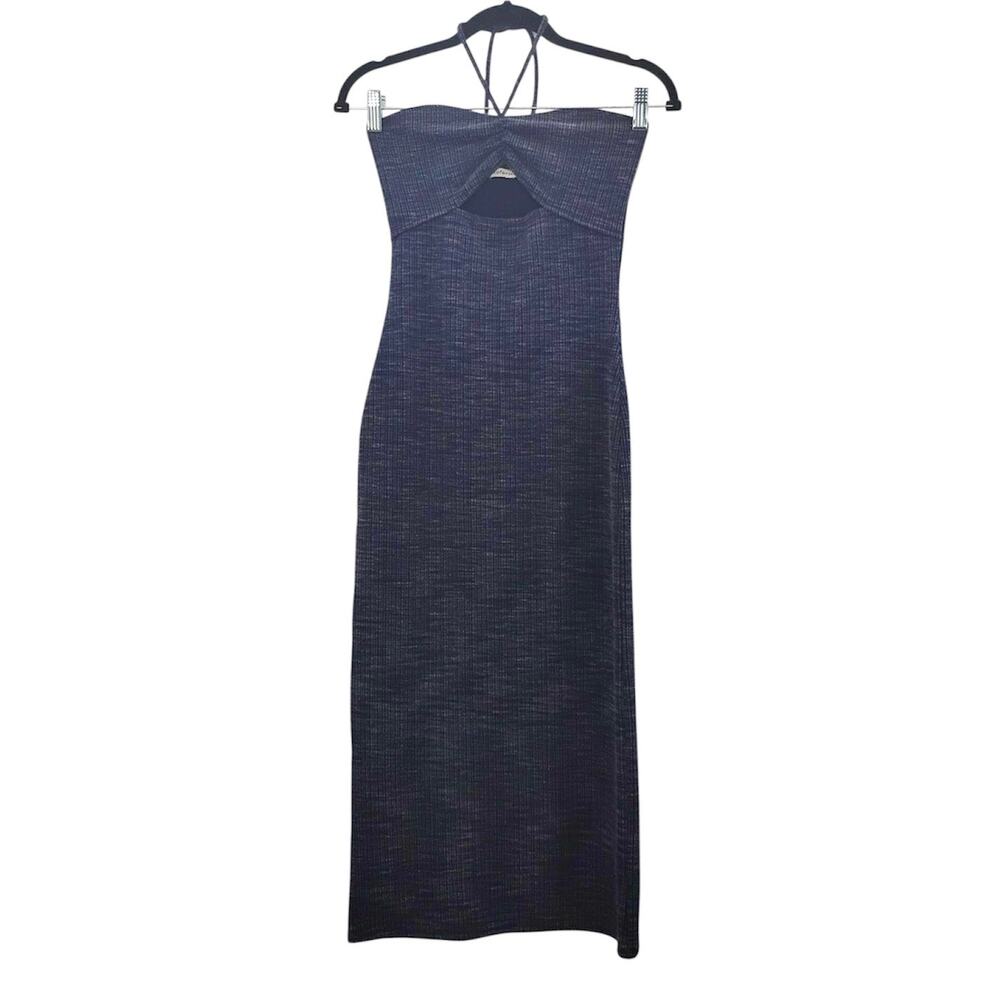 Reformation Indie Midi Dress Ribbed Knit Cutout Halter Tie Neck Blue Bodycon XS
